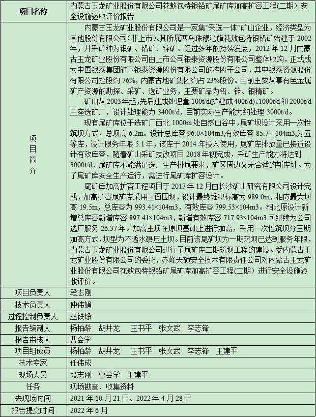 內(nèi)蒙古玉龍礦業(yè)股份有限公司花敖包特銀鉛礦尾礦庫(kù)加高擴(kuò)容工程(二期）安全設(shè)施驗(yàn)收評(píng)價(jià)報(bào)告